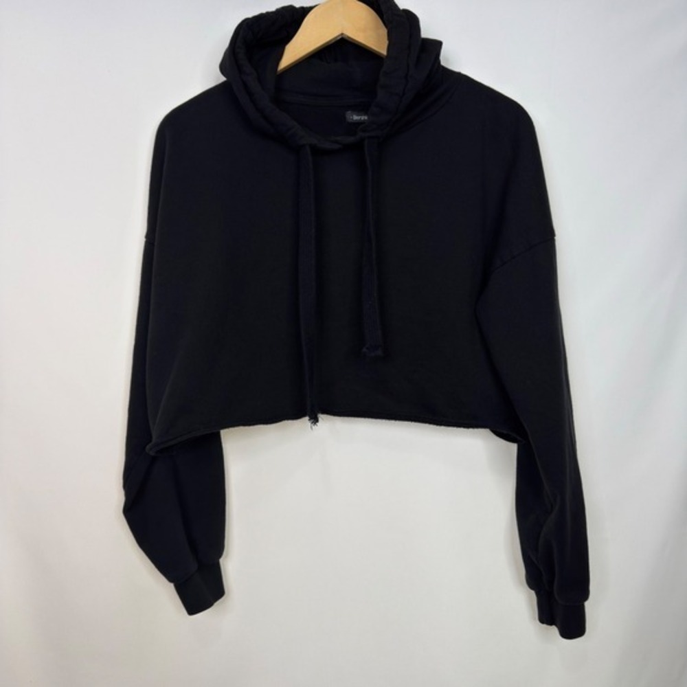 Bershka Womens Black Cropped Hoodie Raw Hem Fleece Lined Sweatshirt Small - Picture 2 of 7